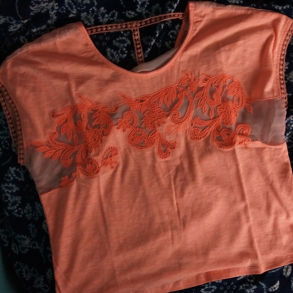 Miss Me Bright Orange Sheer Embroidered Top NWOT S - Picture 3 of 8